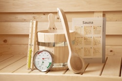 Saunaset mit Sanduhr, Eimer, KS-Einsatz, Schöpfkelle, Klimamesser, Saunaregeltafel