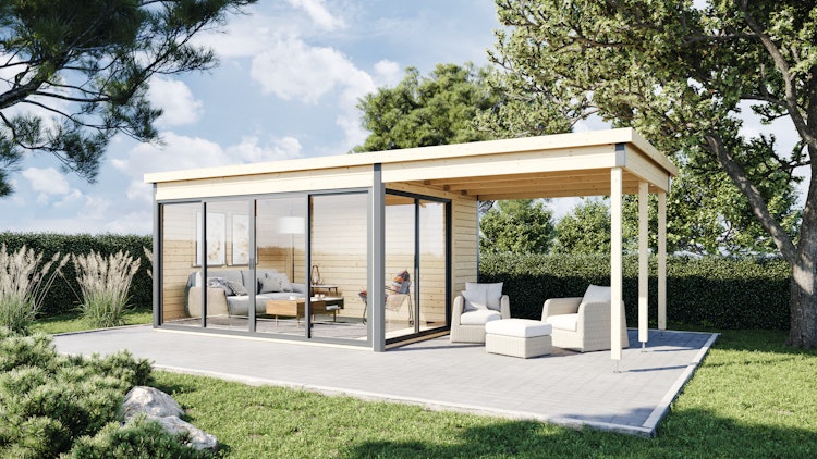 Wolff Finnhaus Gartenhaus Studio 44-D mit Seitendach sowie Alu-Eckverkleidung/Schiebetür (Starletta)